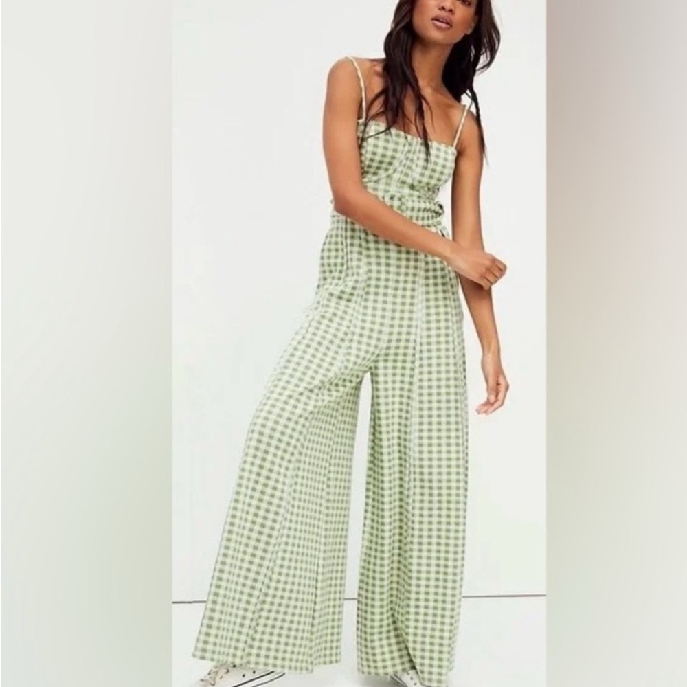 Free people Green and white checkered Jumpsuit